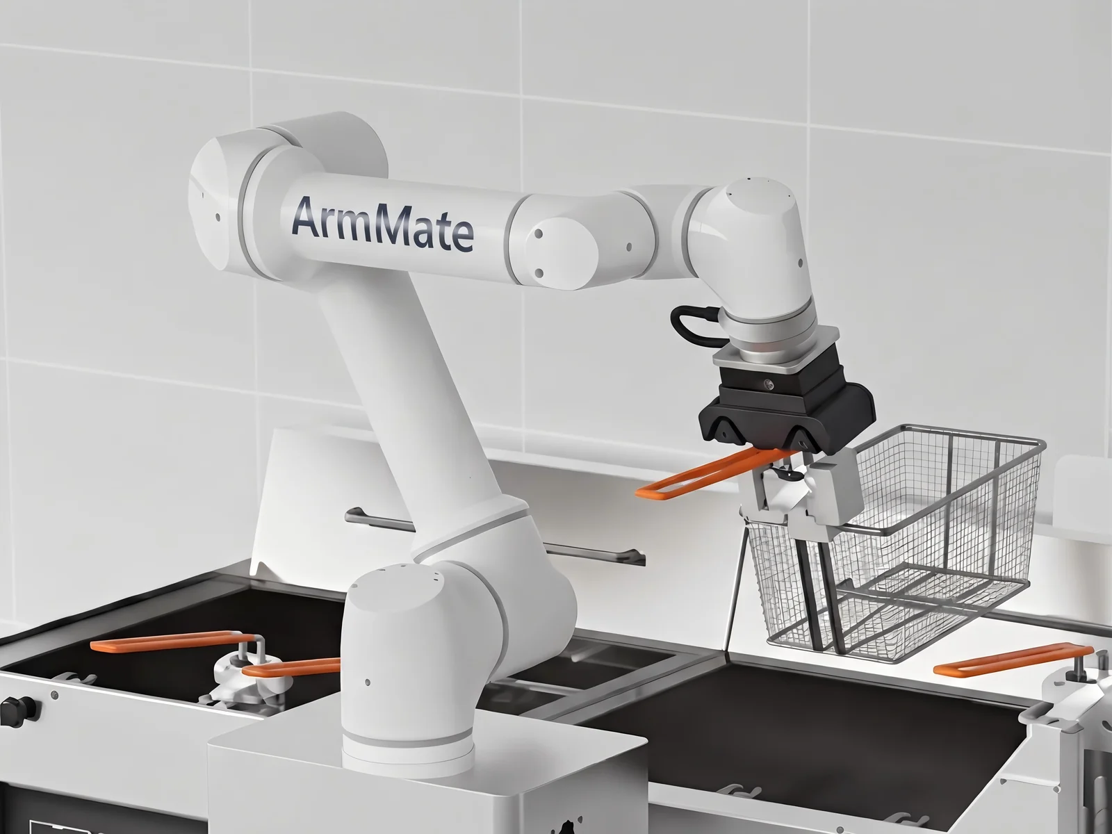 ArmMate cobot holding a fry basket over a commercial fryer