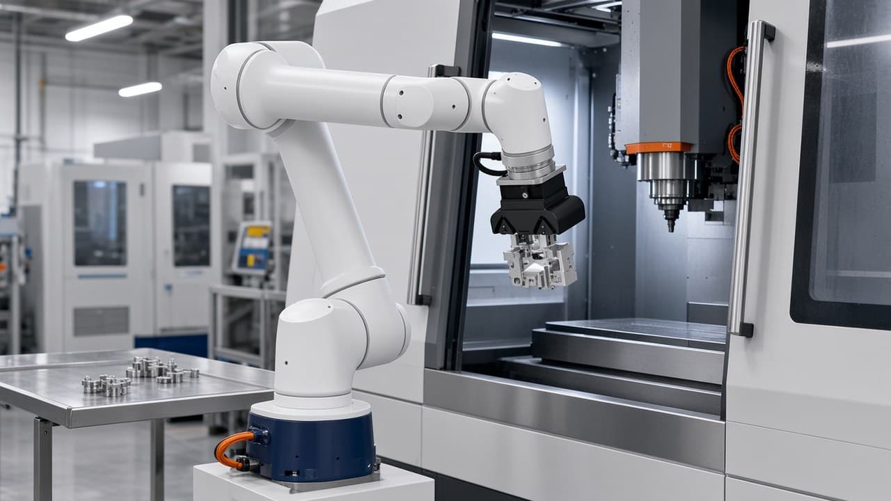 White 6-axis cobot loading a part into a CNC mill.