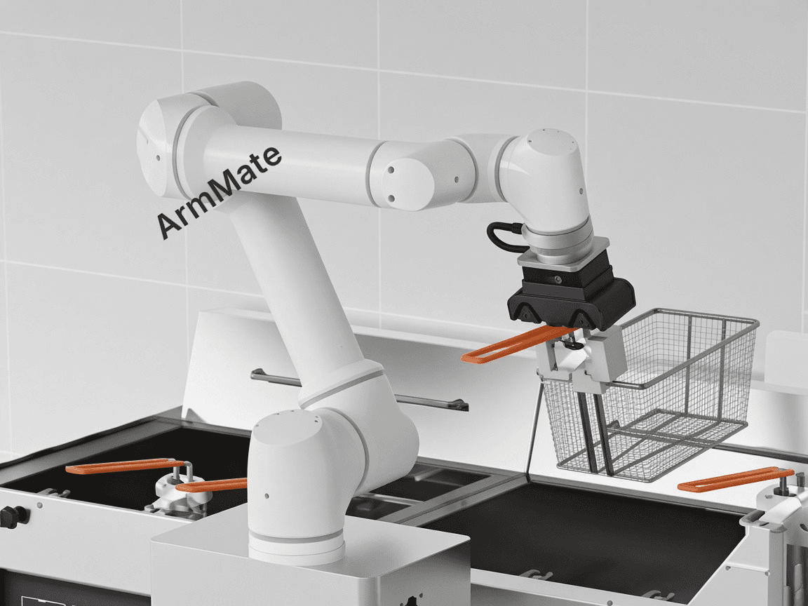 White cobot with ArmMate on the arm, holding a basket over a fryer.