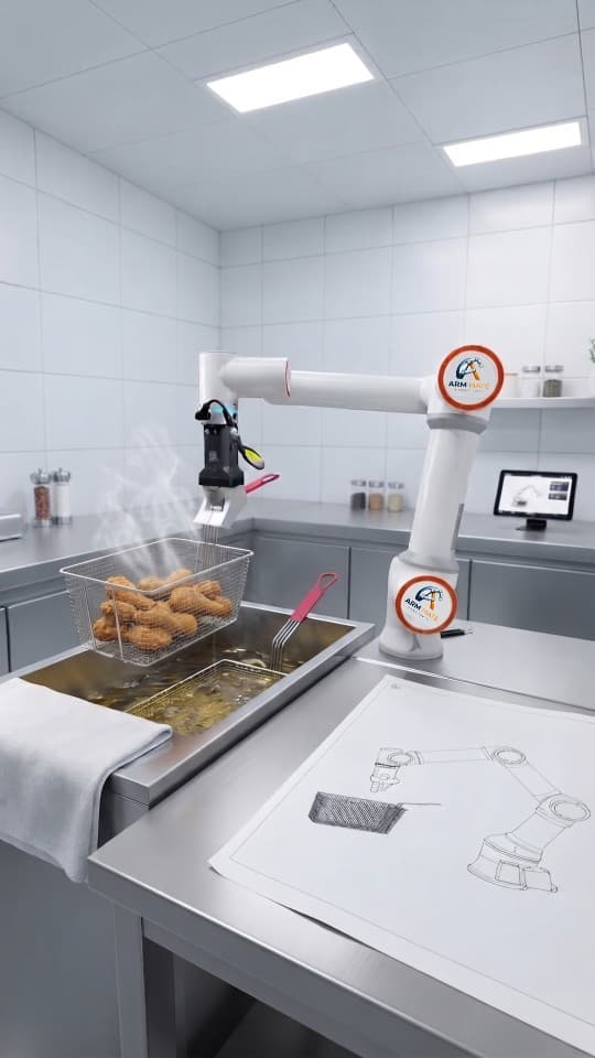 White cobot holding a wire basket of food over a commercial fryer.